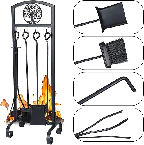 Juego de 5 herramientas para chimenea de árbol, juego de chimenea de hierro con asa, herramientas para chimenea, incluye cepillo de póquer chapado,