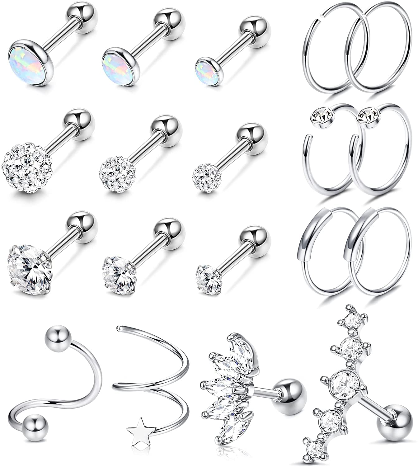 MILACOLATO 19 Piezas Piercing Oreja Cartilago Tragus Helix Mujer,Piercing Acero Inoxidable Cartílago Oreja Piercing Pendientes De Aro para Mujeres Labret Daith Acero Pendientes Daith