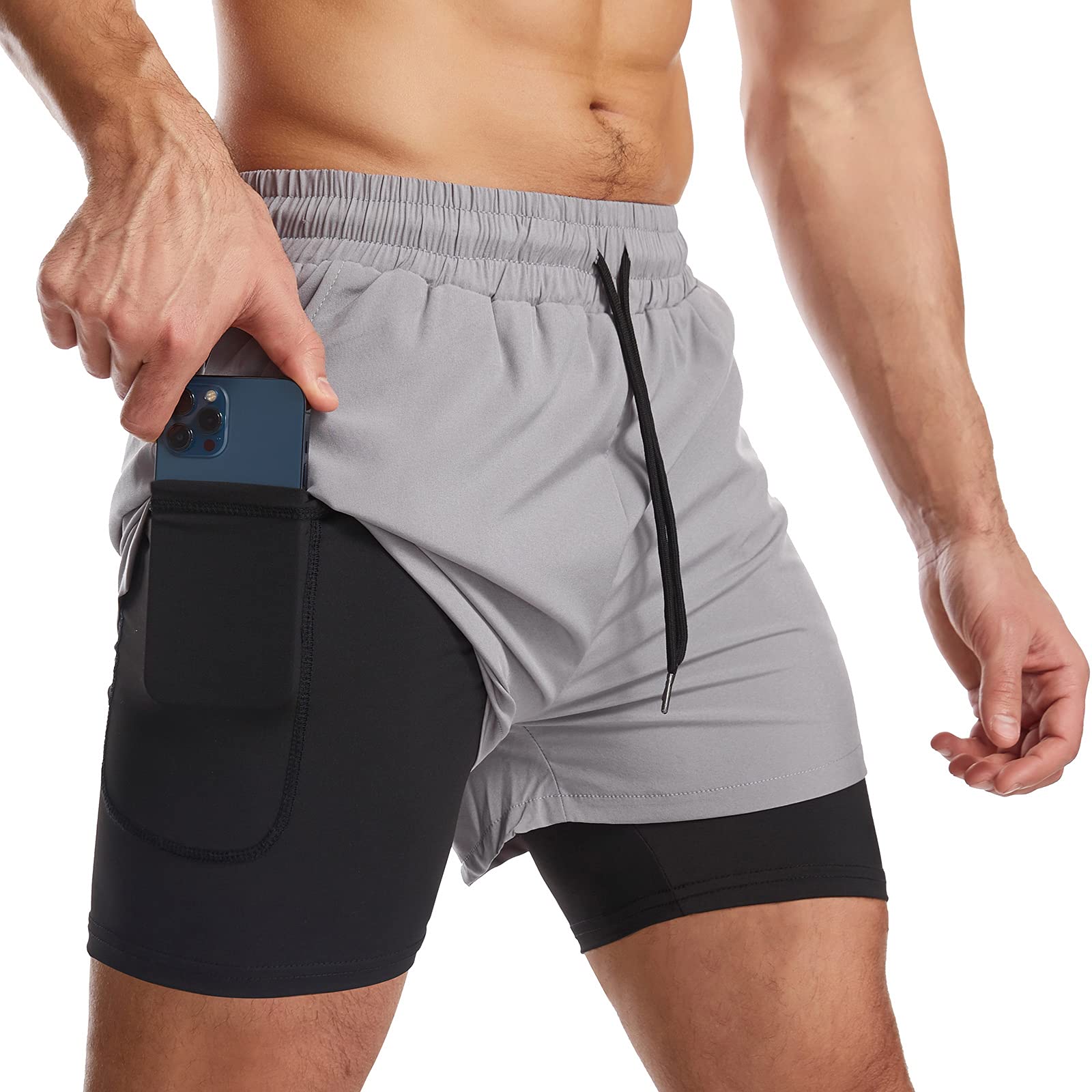 Danfiki Pantaloncini Sportivi da Uomo Running Shorts Asciugatura Rapida con Tasca per Jogging Tennis Fitness Allenamento 2 in 1