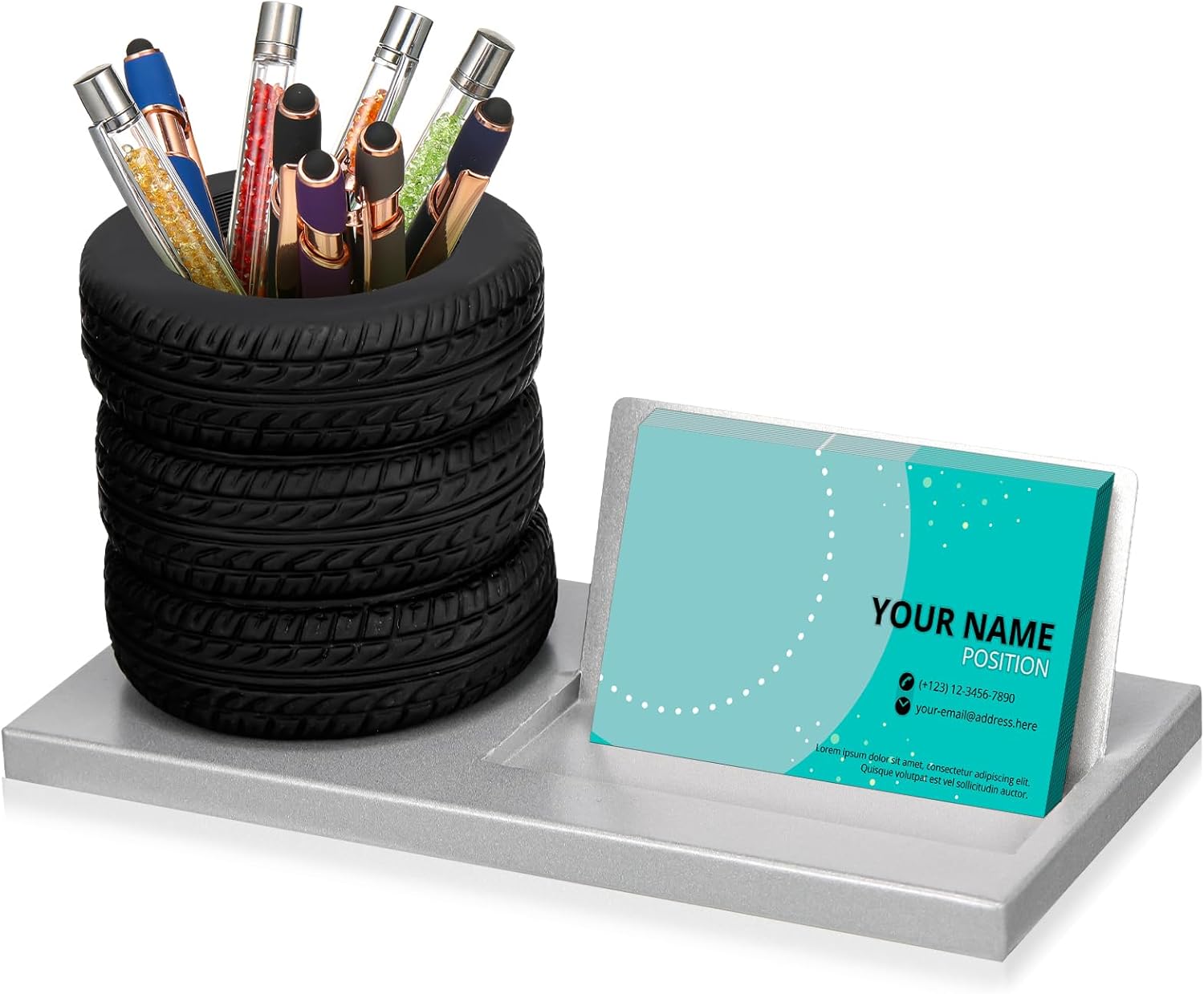 Eersida Tire Shape Stationery Set Car Sales Gift Business Card Holder Automotive Desk Organizer Business Card Holder Desk for Office Mechanics Car Lovers(Gray,7.5 Inch)