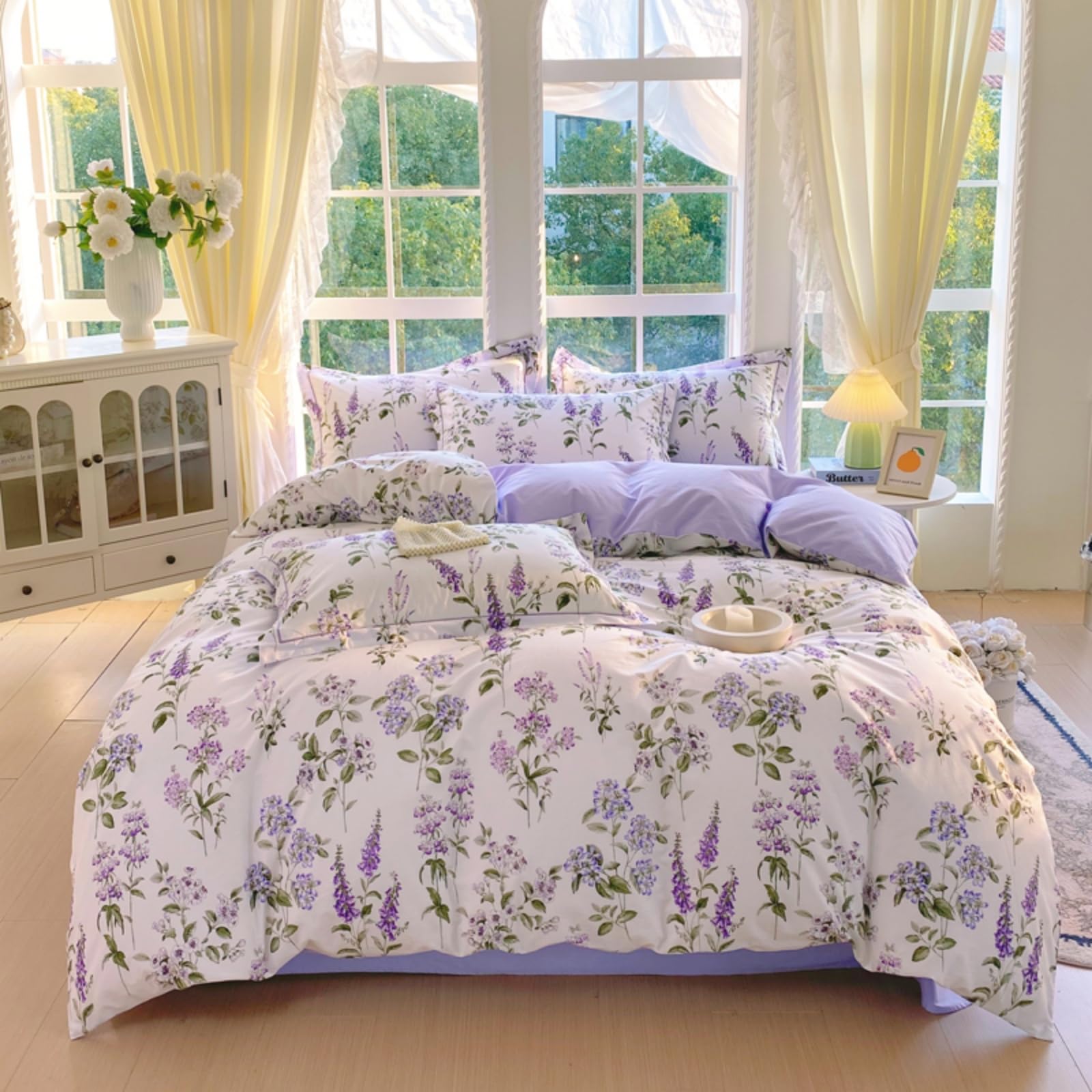 USTIDE Botanical Lavender Duvet Cover Set Double, 100% Cotton Floral Bedding Set, Soft Garden Flower Quilt Cover with Hidden Zip & Corner Ties, 3 Piece Bed Set, White & Lavender — image 1