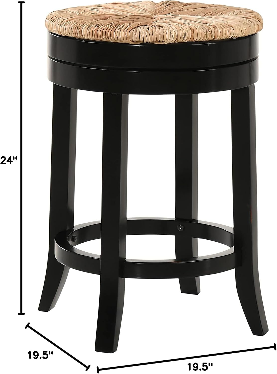 Carolina Chair & Table Stellan 24" Swivel Counter Stool with Rush Seat - Antique Black Farmhouse Solid Wood Frame Kitchen Stool - Built in Footrest, Compact Round Seat for Counter Height Seating