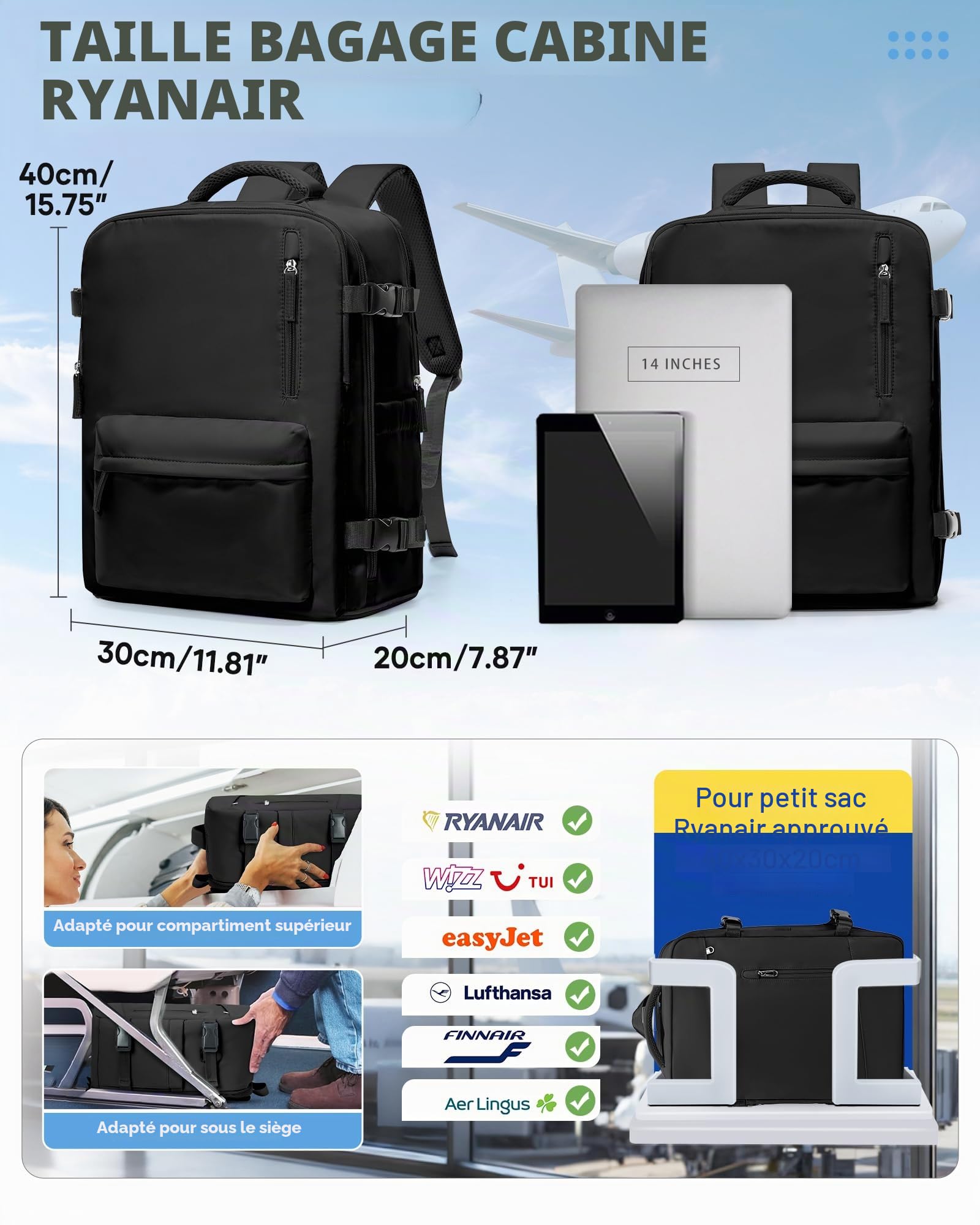 BJLFS Sac à dos Sous Vide Avec Pompe Ryanair 40x30x20 Bagage Cabine 40x30x20 Sous Vide Sac à dos pour ordinateur portable Sac à dos de Voyage étanche avec système de compression scellé