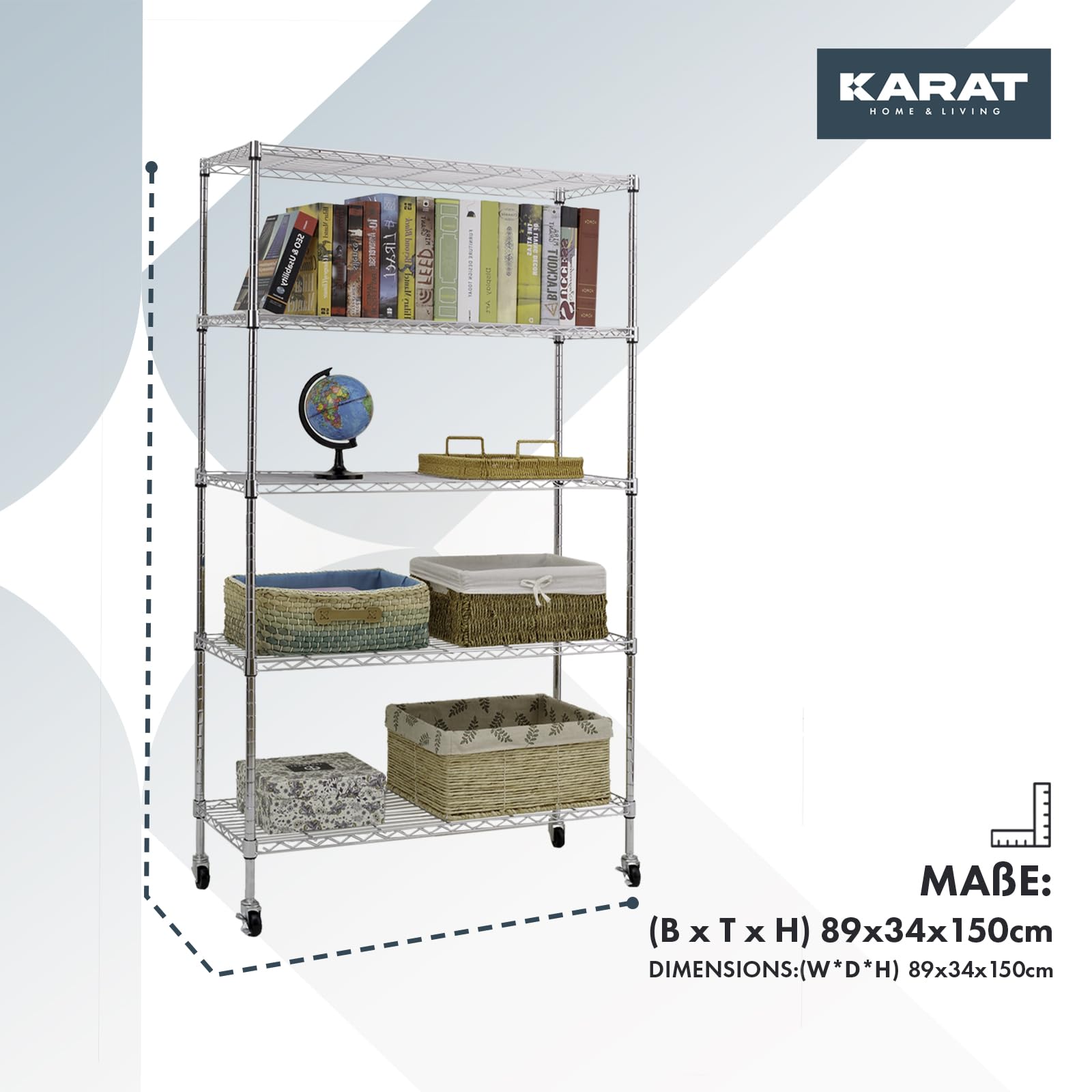 KARAT Regal auf Rollen Gitterregal aus Metall mit 5 Regalböden, Rollwagen für Küche, Badezimmer, Keller, Abstellraum bis 120kg, Küchenwagen auf Rollen Aufbewahrungswagen verchromt 89x34x150cm