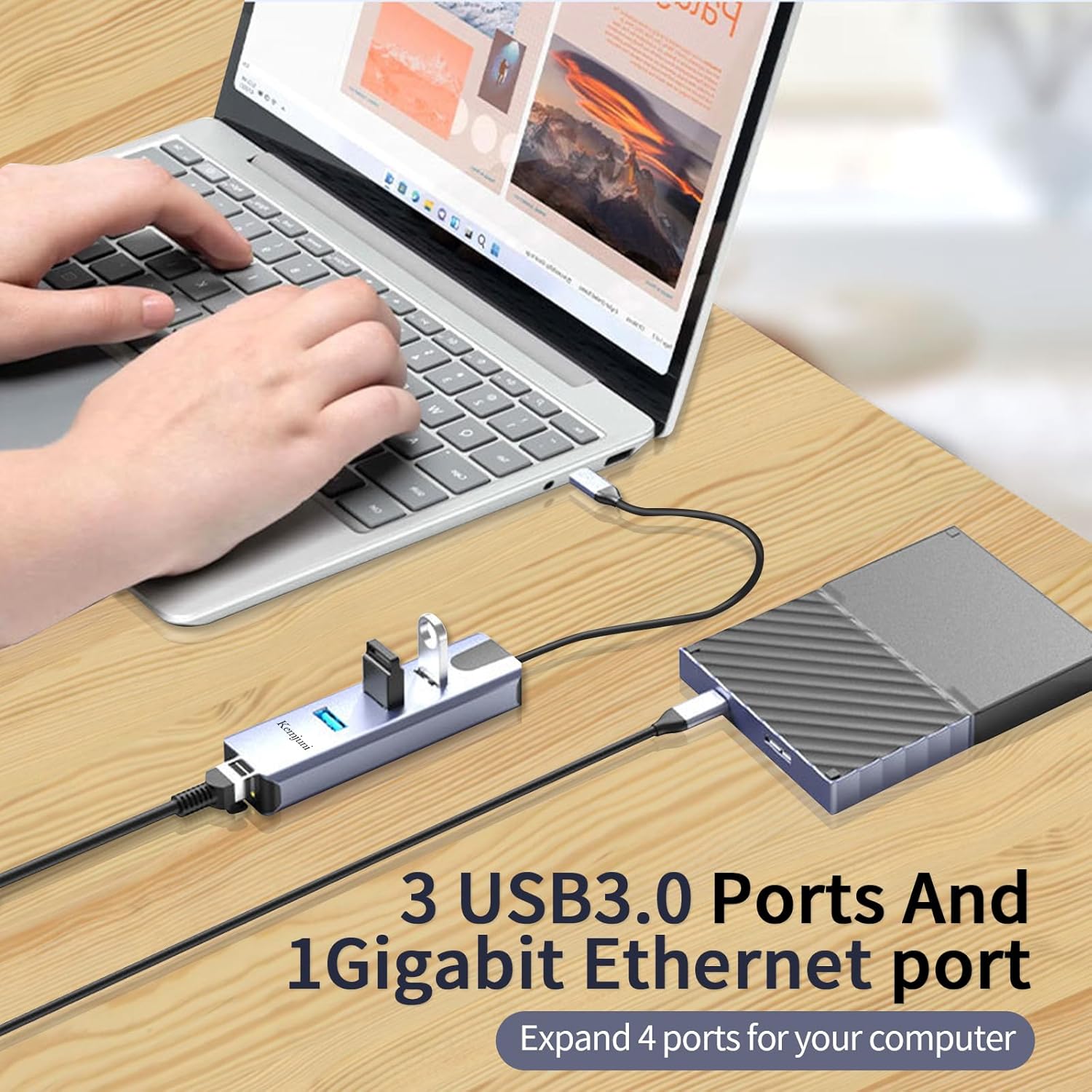 USB C to Ethernet Adapter 4-in-1 Aluminum USB C to Ethernet Adapter, with 3 USB 3.0 Ports, for Laptops, PC Tower, Flash Drive, and More Type C Devices image 6 of 8 B0DC58XR17