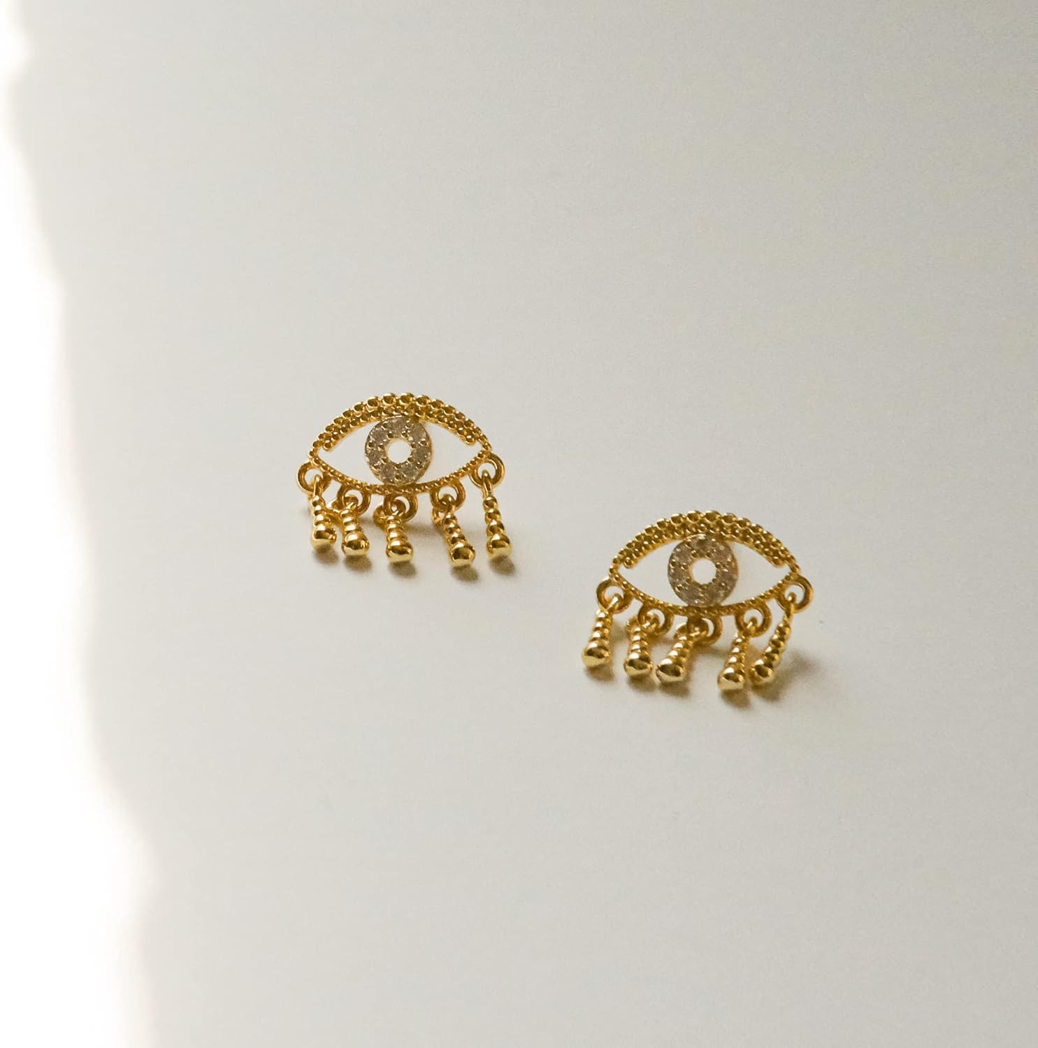 14K Gold Plated Evil Eye Stud Earrings | Diamond Accent Evil Eye with Tear Statement Earrings - Image 6