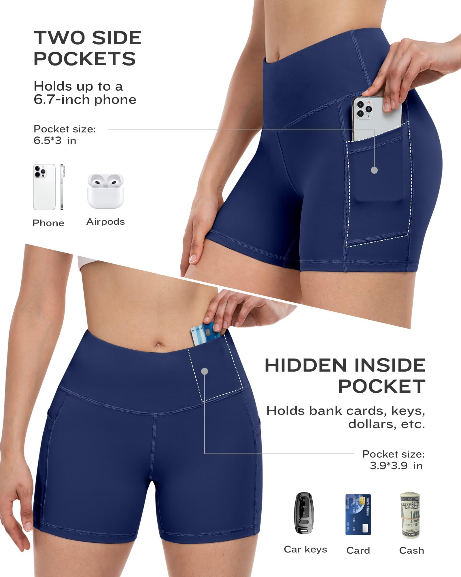 ATHVOTAR Lot de 4 shorts de yoga en élasthanne avec poches pour femme 7,6 cm/12,7 cm/20,3 cm, short de motard gainant le ventre, Noir/gris/bleu marine/vert kaki, Taille XL