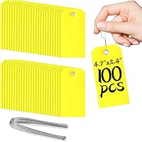 XUWAIDSGN 100 Pack Yellow Plastic Shipping Tags with Wire 4.75x2.375in - Waterproof Durable Writable Labels for Keys Inventory
