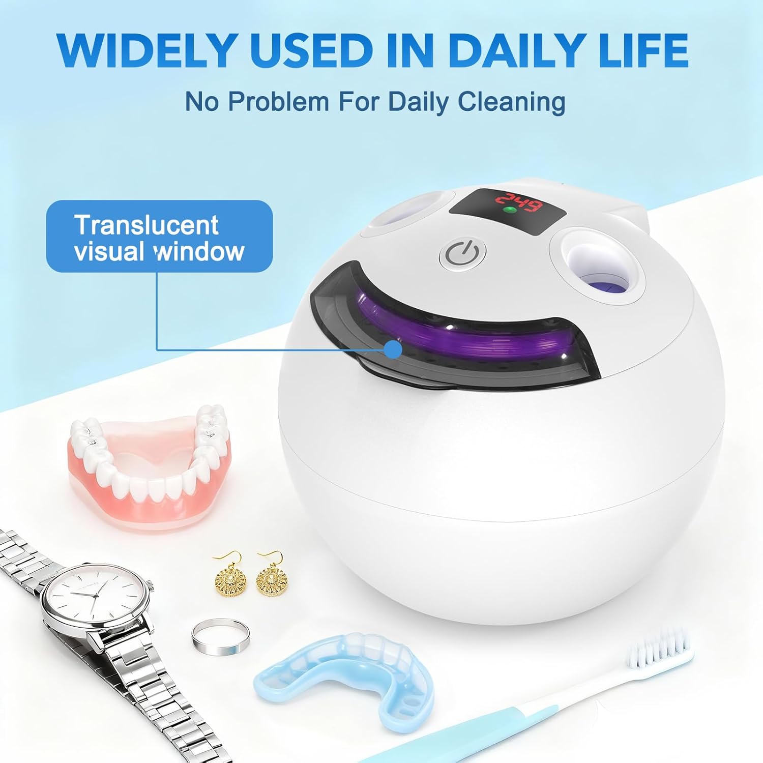 Dental Ultrasonic Retainer Cleaner - 48kHz Dental Cleaning Pod for Denture, Braces, Mouth Guard, Toothbrush Heads, Jewelry, 4 Modes Retainer Cleaner Machine with Digital Timer & 200ML,White - Image 6
