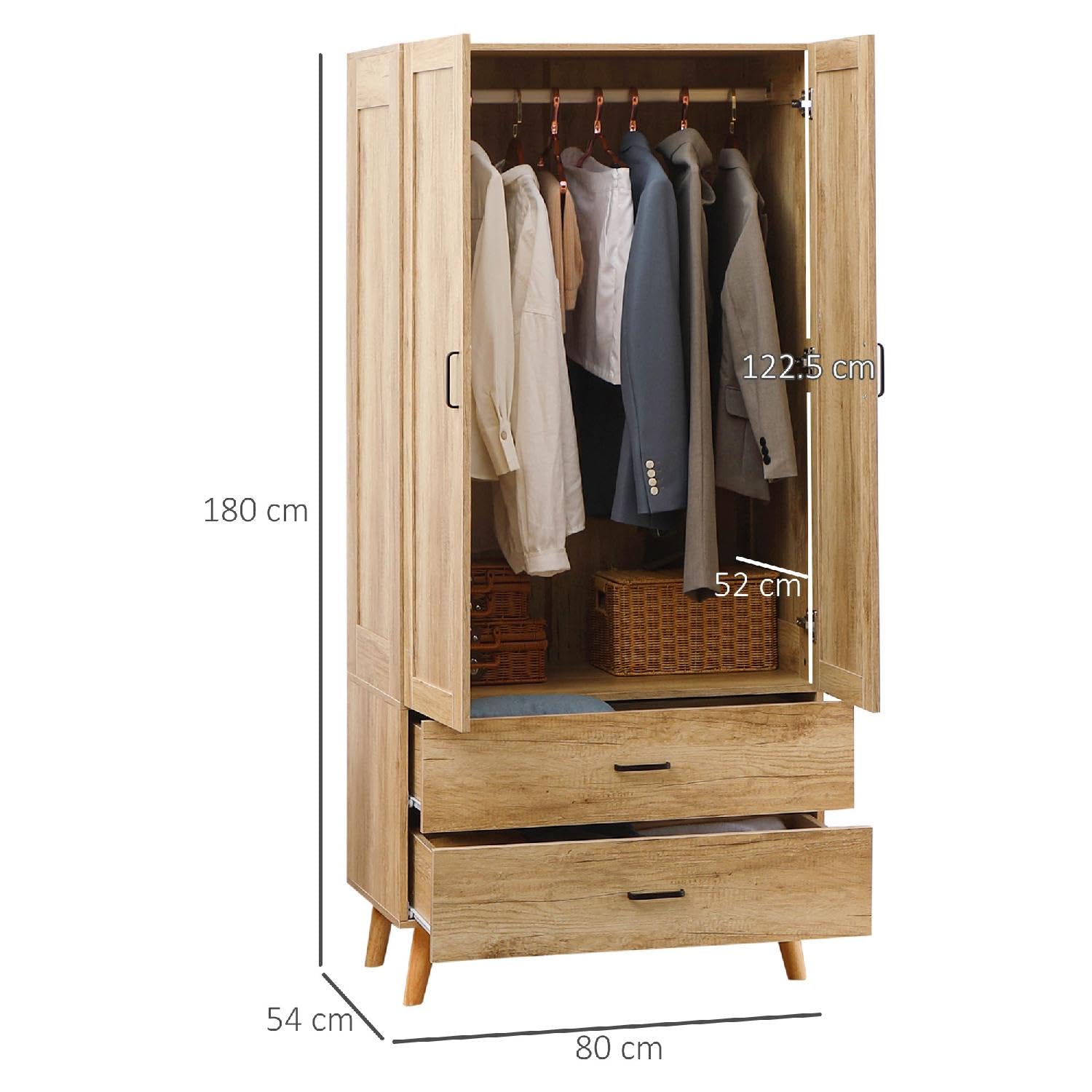 Armadio Camera da Letto Guardaroba 2 Ante Battenti e 2 Cassetti con Asta Appendiabiti 80x54x180 cm Legno