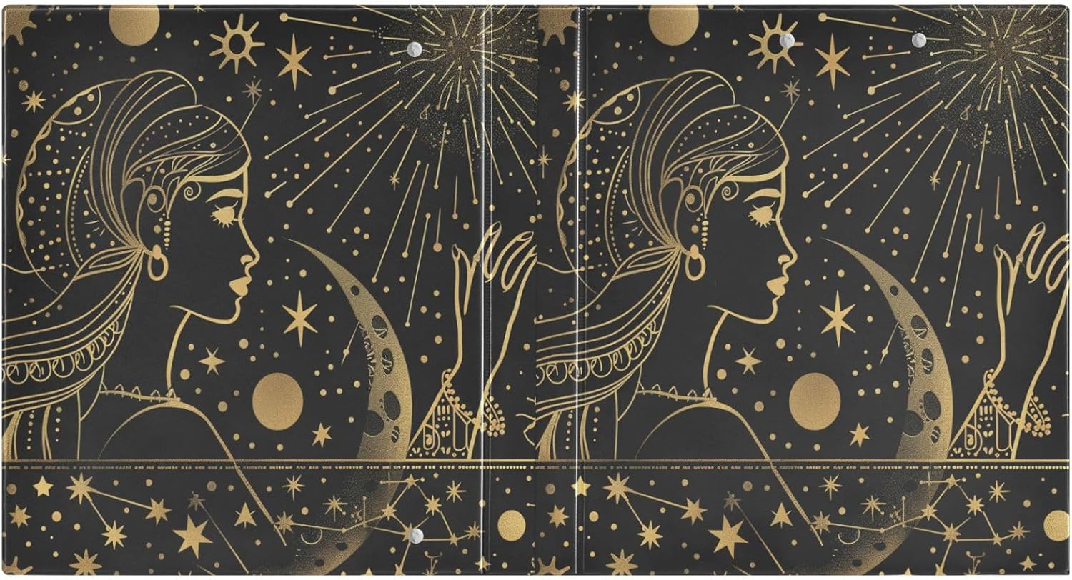 Gold Celestial Moon Goddess 3 Ring Binders with Clipboard File Folder for Office School with Pocket