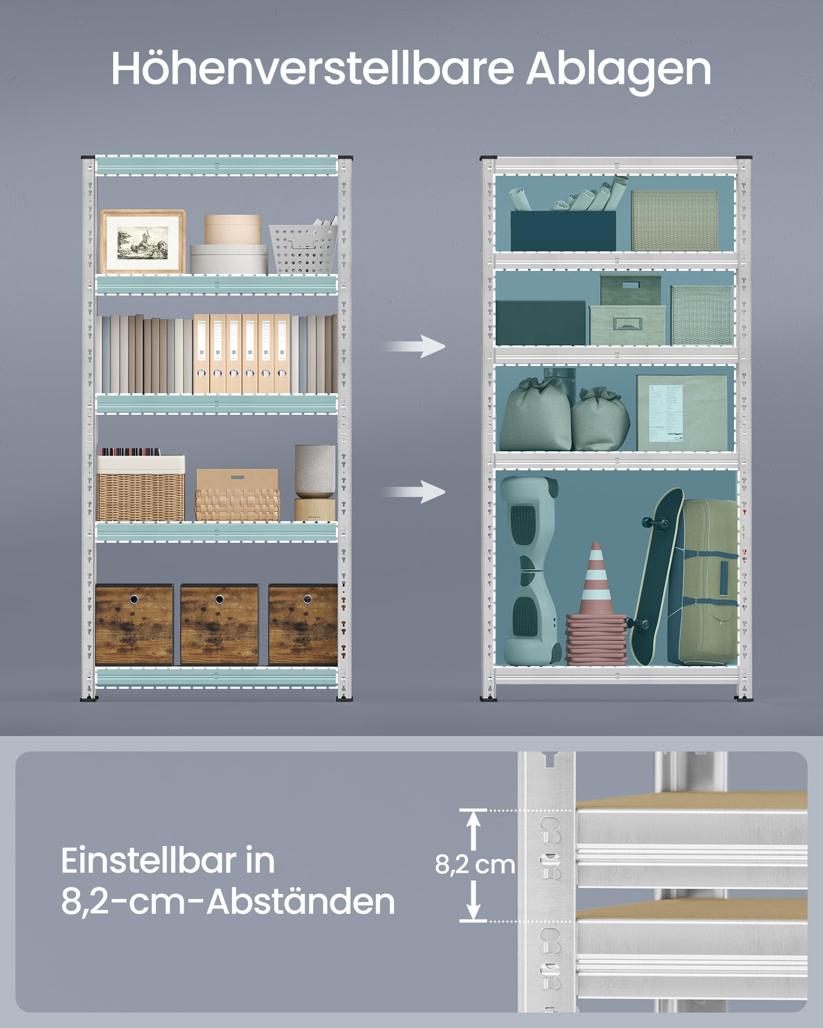 SONGMICS Schwerlastregal, 2er Set, Kellerregal, 40 x 90 x 180 cm, bis 875 kg belastbar, einfache Montage, Lagerregal, verstellbare Ablagen, Lagerregal, silbern GLR455E01