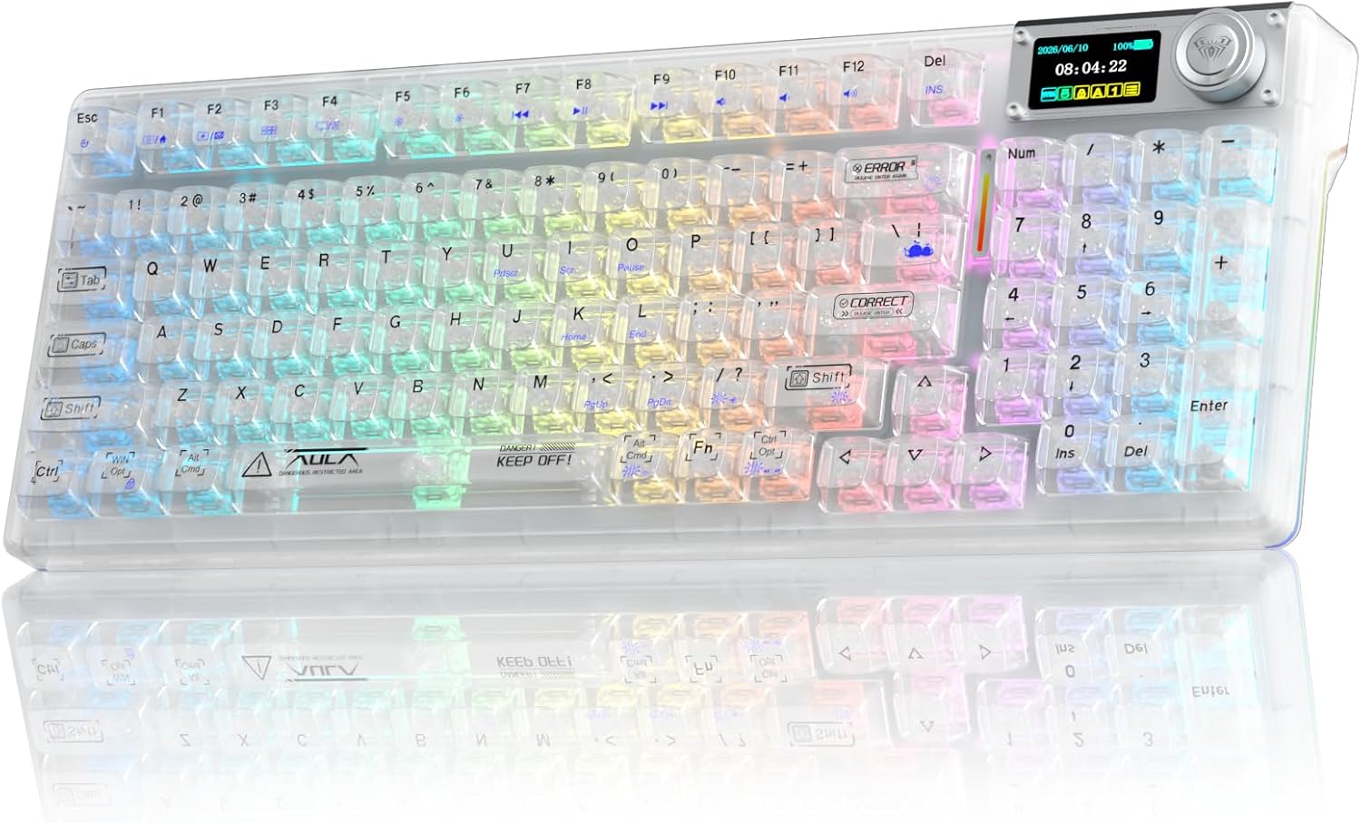 Aula F98Pro V3 Wireless Mechanical Gaming Clear Keyboard with Screen & Knob | Triple-Mode Hot Swappable, Gasket Mount Linear Switches, Clear Keycaps RGB Backlit, TFT Screen 10000mAh Battery for PC/Office