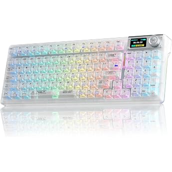 AULA F98Pro V3 Wireless Gaming Keyboard with Display &amp; Button, BT/USB-C/2.4GHz, Gasket, Hot-Swap, 10000mAh, Transparent Keyca