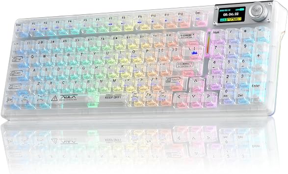 AULA F98Pro V3 Wireless Mechanical Keyboard with Display&Knob,BT5.0/2.4G/USB-C Wired,Gasket Structure,RGB,Transparent Keycaps,10000mAh,Creamy Sound,Hot Swap,Custom Keyboard for Gaming/Office (White)