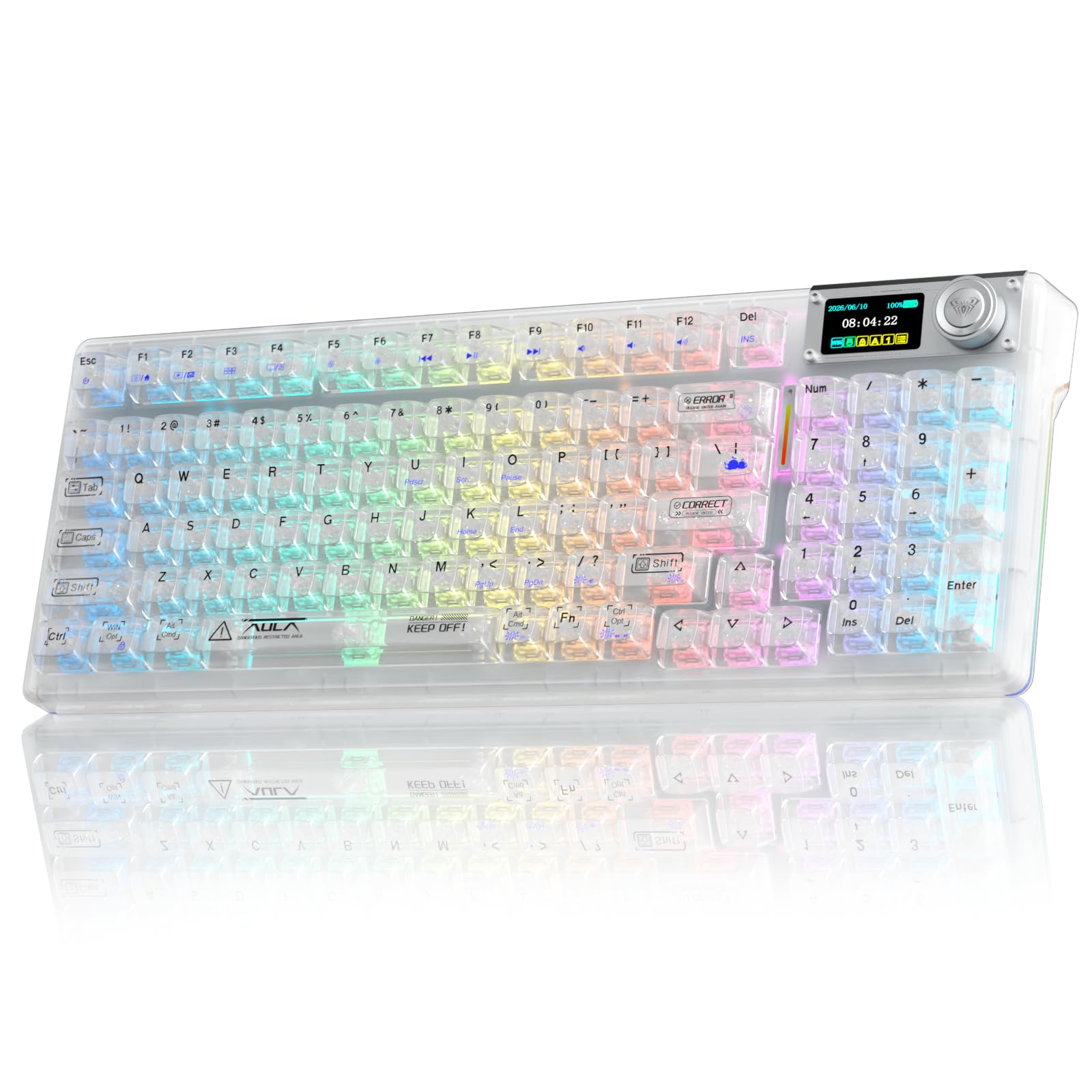 AULA F98Pro V3 Kabellose Gaming Tastatur mit Display & Knopf | BT/USB-C/2,4GHz,Gasket,Hot-Swap,10000mAh,Transparente Keycaps,RGB,Makro Software,Wireless Mechanische Tastatur für Tablet/PC