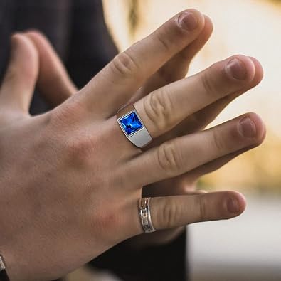 GOLDCHIC JEWELRY Mens Square Stone Signet Ring Personalized Stainless Steel Black Onyx Blue Topaz Birthstone