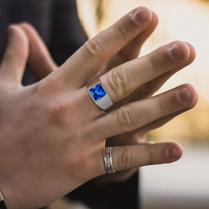 GOLDCHIC JEWELRY Mens Square Stone Signet Ring Personalized Stainless Steel Black Onyx Blue Topaz Birthstone