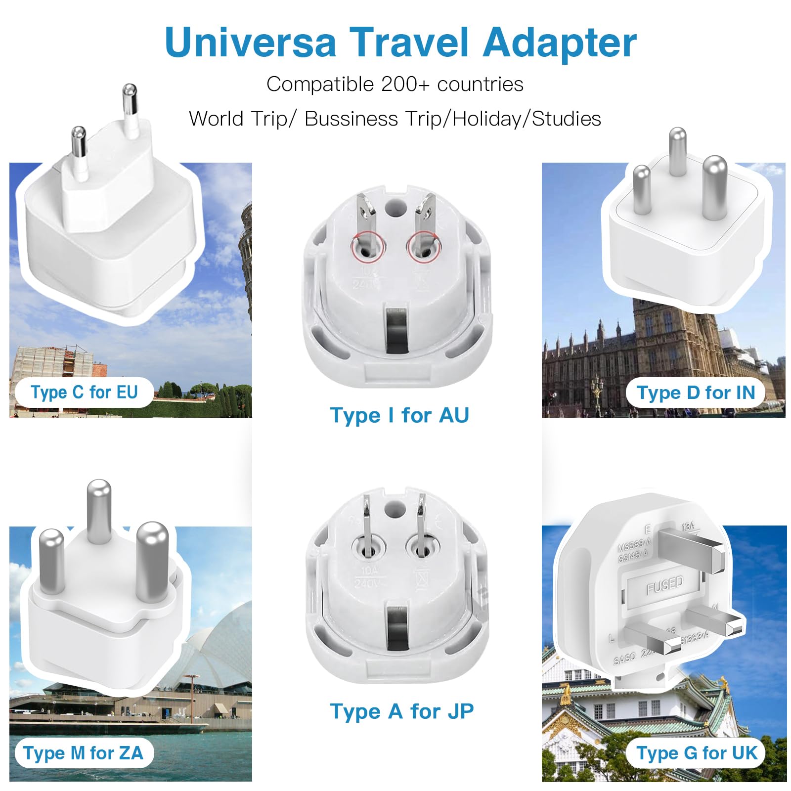 Adaptateur de Voyage International, Adaptateur de Prise avec 3 Compartiments et 4 USB (2 USB C), Type A/C/G/I/M/D Le Japon, Le UK, la Thaïlande, l'AUS, l'EU, l'Afrique du Sud, l'Inde