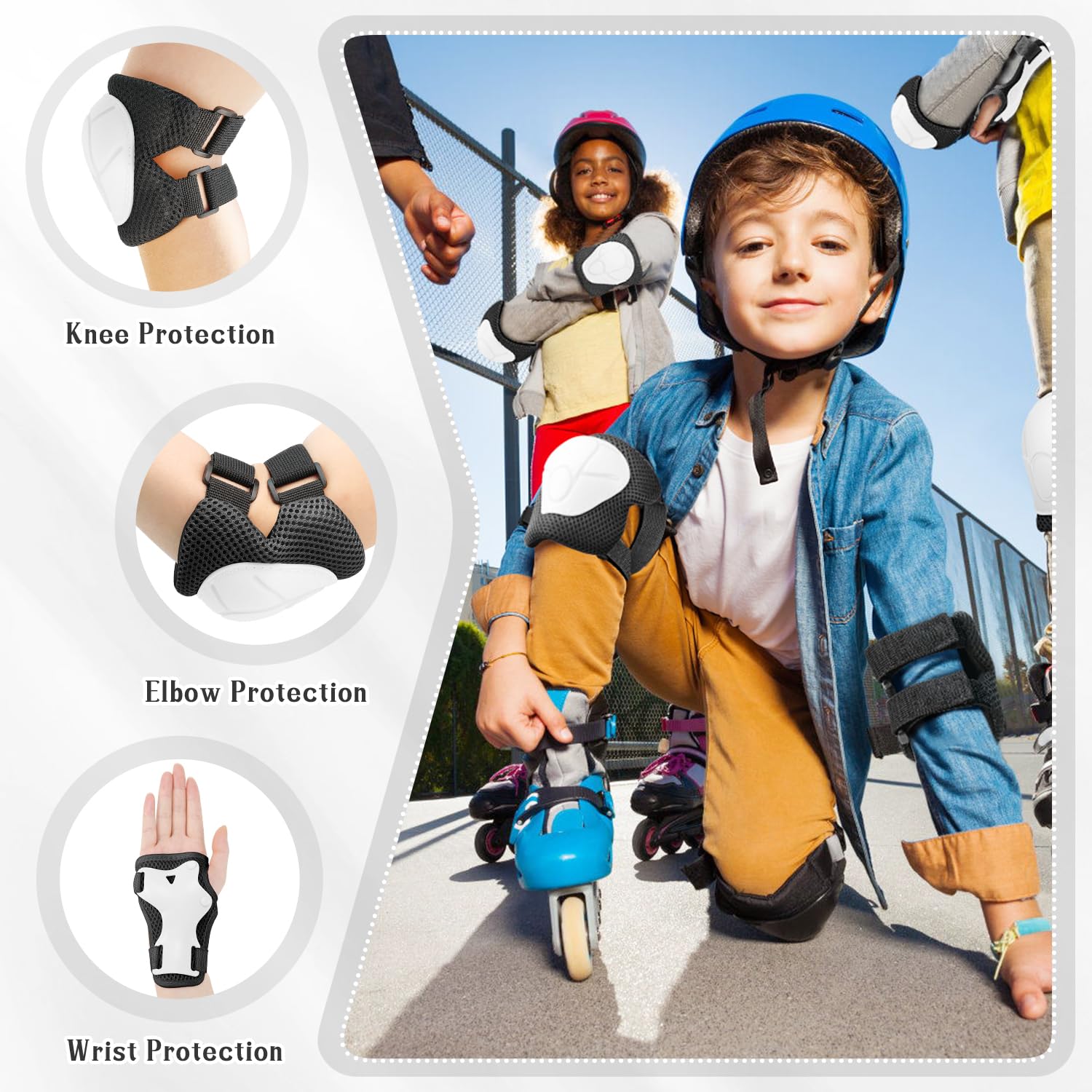 Kids Knee And Elbow Pads ,6pcs Wrist Guard Knee And Elbow Pads for Children Kids Sports Protective Gear Set including Mesh Bag for Skateboard Roller Skating - Image 2