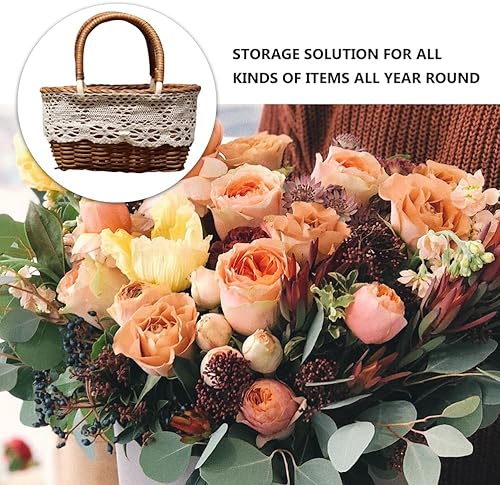 Miniatura 3 de KESYOO Cesta de flores para boda, tejido natural, con cesta de encaje, portátil, decoración de flores para boda (café)