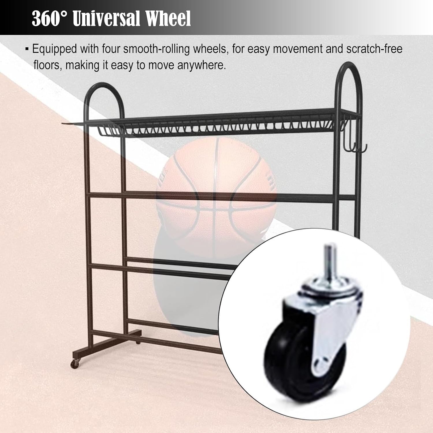 Heavy Duty 4-Layer Ball Organizer Rack with Baseball Bat Holder, Rolling Sports Storage Cart, Holds 15 Size 5 Balls