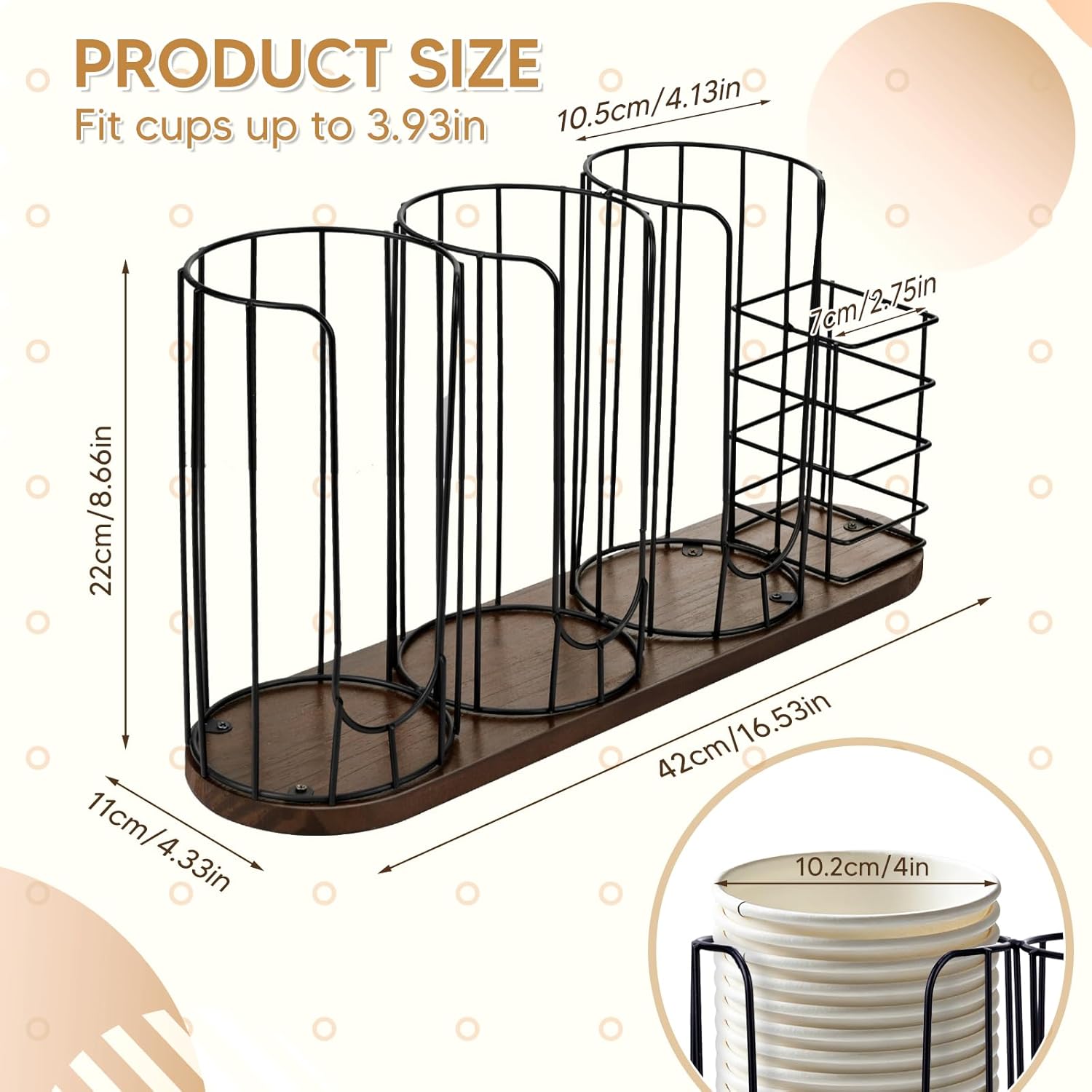 4-Compartment 18oz Coffee Cup Dispenser Rack with Wood Base, Disposable Cup Holder,Cup and Lid Holder with Straw Organizer,for Stirrers Pod Countertop, Plastic Cup Station - Image 3