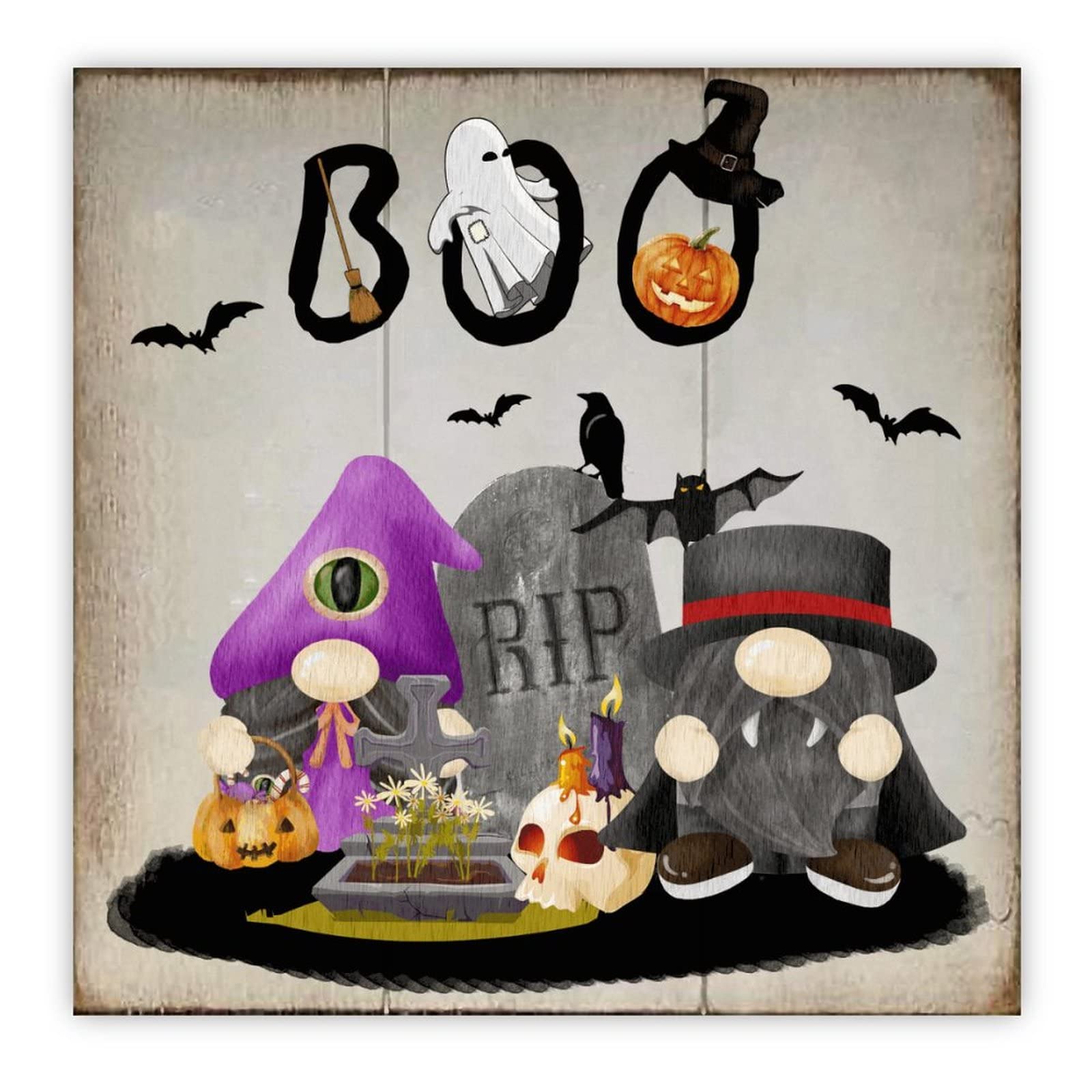 Panneau en bois Halloween Boo de 30,5 cm avec gnome et citrouille moderne pour salon
