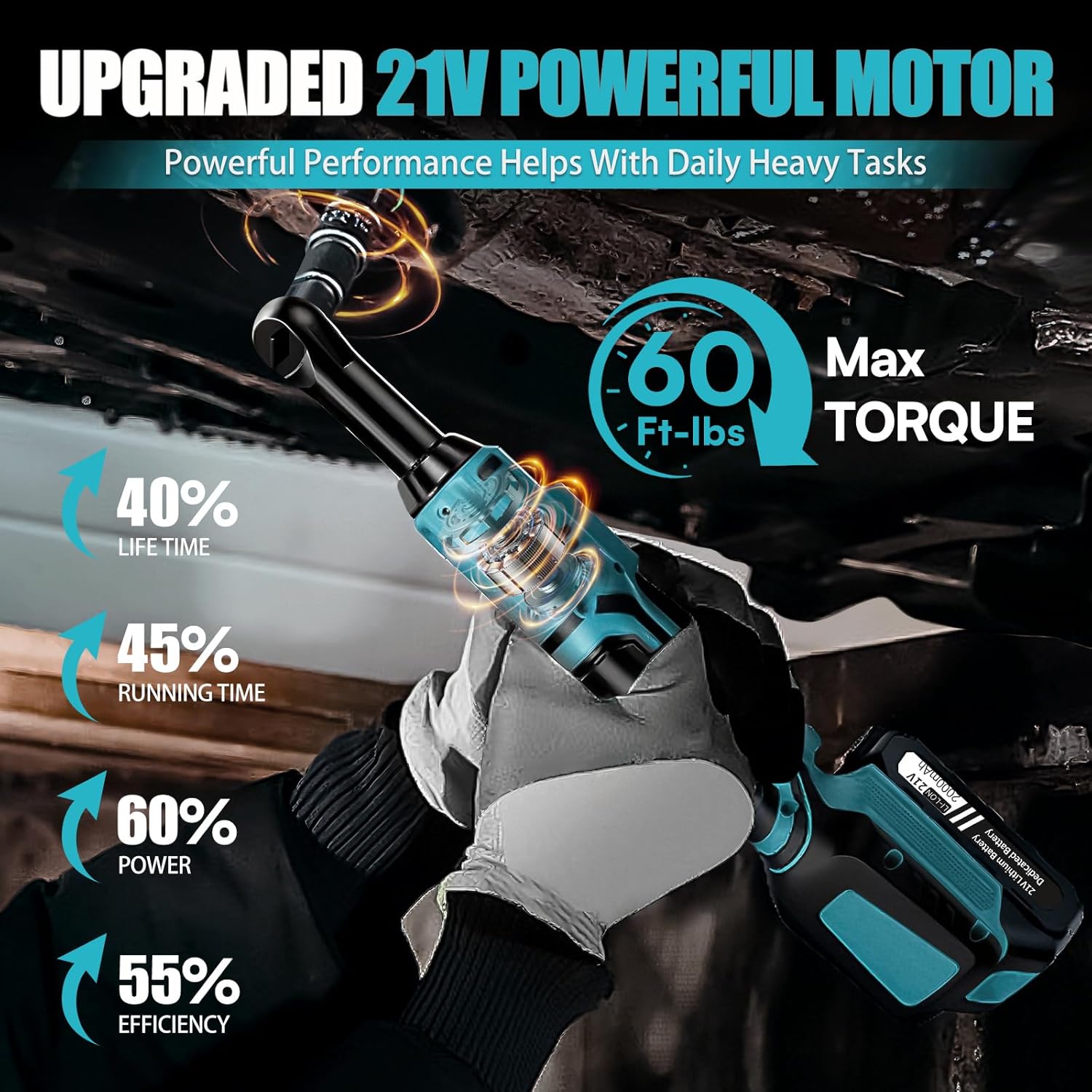 21V Electric Ratchet Wrench Set,60FT-LBS (80N.m) Extended Cordless Ratchet Wrench with 2x 2.0Ah Battery,3/8" 400 RPM Variable Speed Power Ratchet Driver Set with 7 Sockets,1/4 Adaptor, 3"Extension Bar