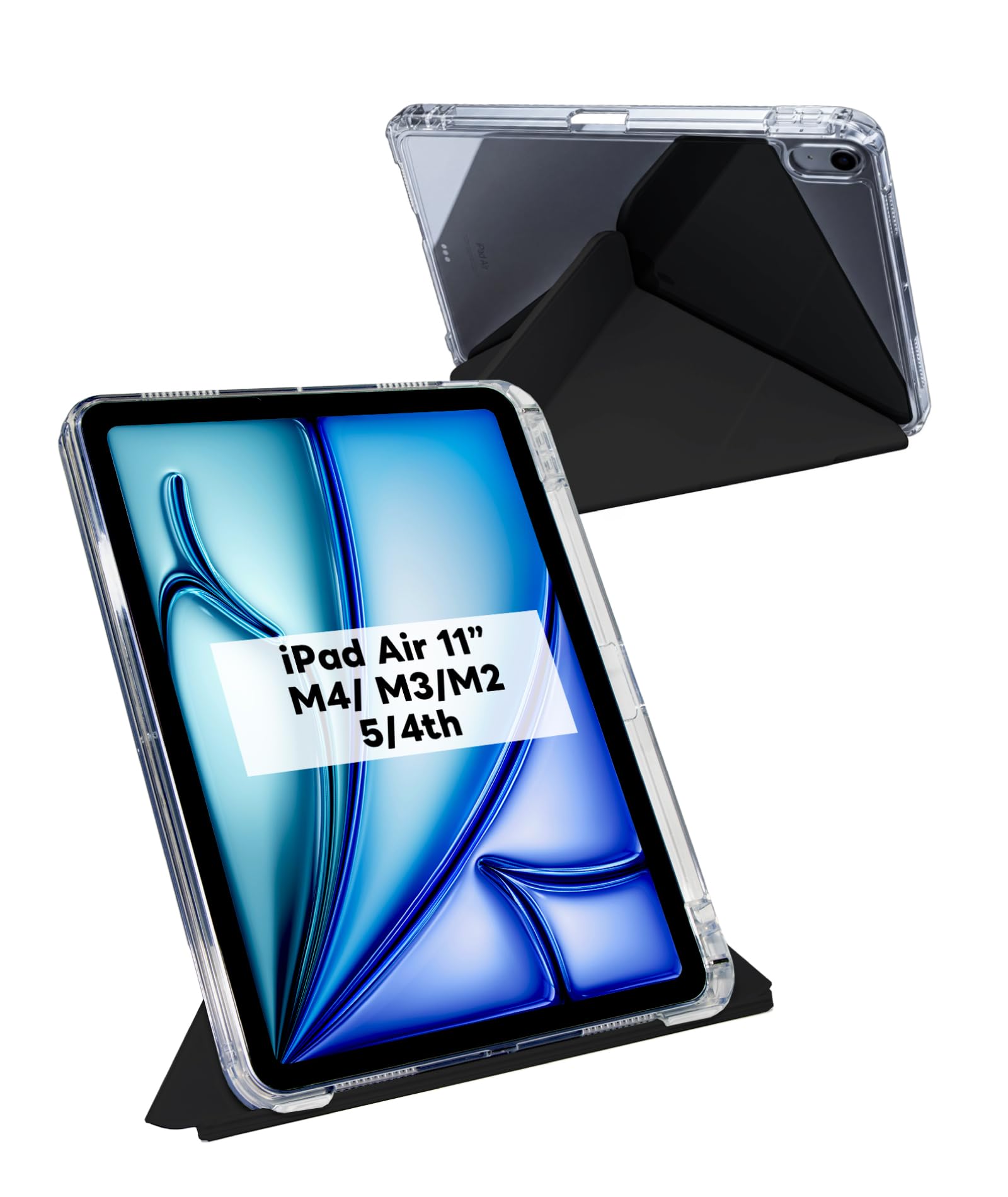 EIP Clear Case for iPad Air 11 inch M4 M3 M2 Generation, iPad Air 11” 5th, 4th Gen, Acrylic Anti-Yellowing Transparent Case, Detachable & Multi-Angle Viewing Stand with Pencil Holder, Black