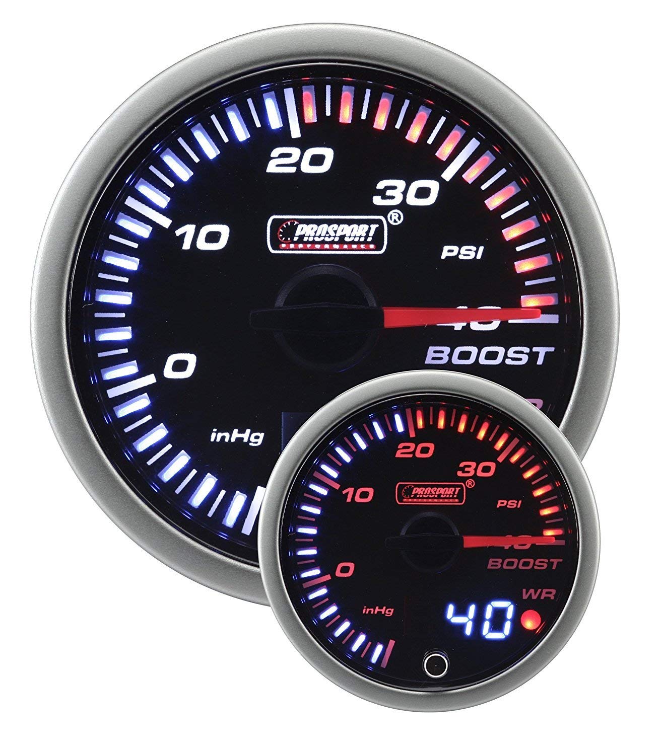 Prosport JDM 52mm 2 1/16” Electrical Boost Gauge Meter| Amber/White Dual Display Analog and Digital Turbo Supercharger Gauge | Programmable Warning Alert, Waterproof Sender, Complete Install Kit