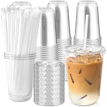[100 Sets - 16oz Round Bottom Clear Plastic Cups with Lids and Straws, Disposable Iced Coffee Cups with Lids To Go Cold Drink Cups for Smoothies, Juices, Party Catering