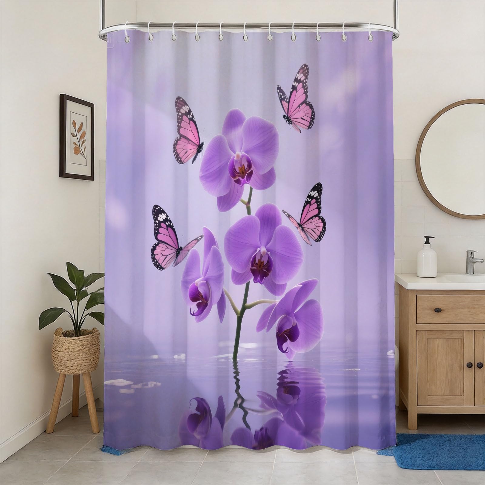 Hongduo 3D Purple Phalaenopsis Shower Curtain for Stalls Bathtubs Butterfly Bathroom Decor Shower Curtain Set Polyester Fabric Waterproof 180x200cm/71X79 Inch with Hooks
