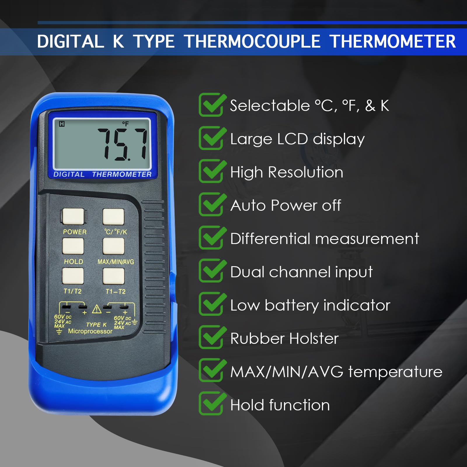 Termómetro digital de dos canales con termopar tipo K de -50 a 1300 °C, incluye abrazadera de temperatura y sondas con cable, medición de la diferencia y máx/min/AVG y diferencia para hornos, hornos