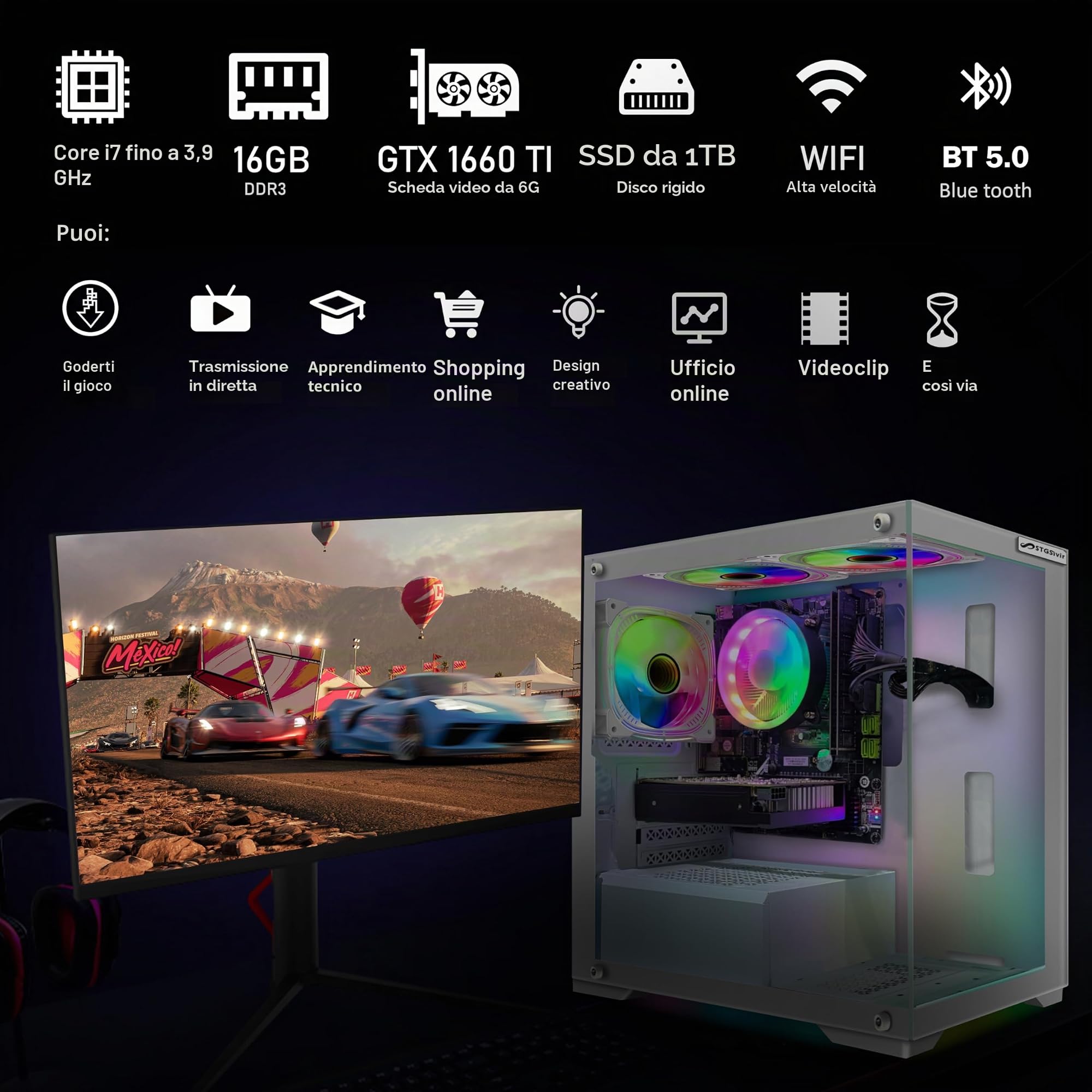 STGSivir PC Gaming Fisso, Core i7, GTX 1660 Ti 6G, 16G RAM, 1T SSD | Computer Gaming per Streaming, Editing Video, Compiti, fino a 3.9 GHz, WiFi, BT 5, 4K,HDMI,DP, Win10 Home, Case ARGB