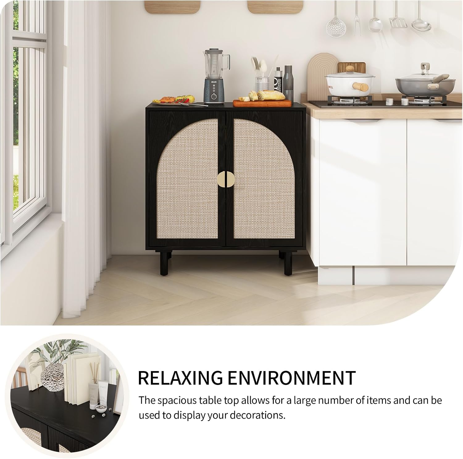 vistavie Rattan Buffet 2 Door Cabinet with Storage, Sideboard Storage Cabinet with Solid Pine Legs, Accent Wood Cabinet for Bathroom, Dining Room, Kitchen (Black)