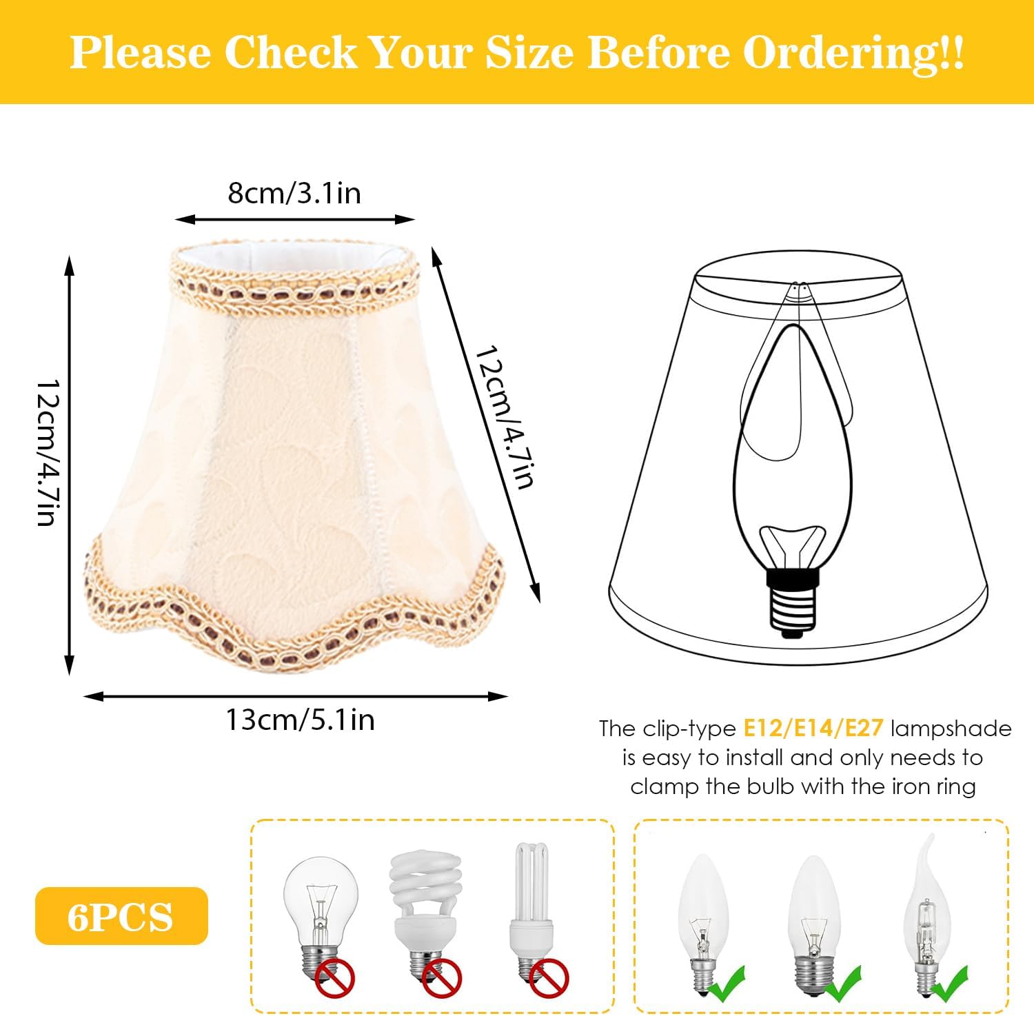 6Pcs Scalloped Lamp Shade, 3 x 4.7 x 5 inch Small Fabric Wall Lamp Cover Chandelier Lamp Shade for E14 Bulb Base Model