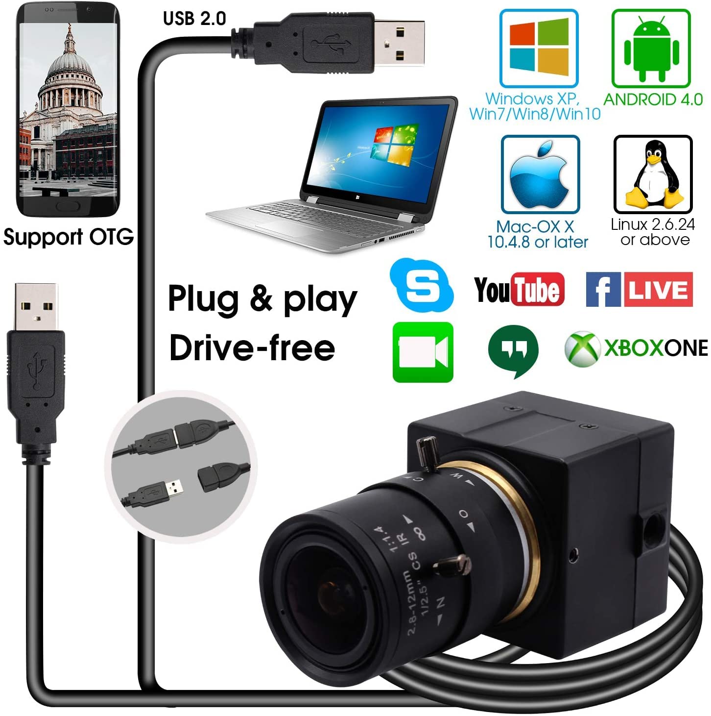 Amazon.co.jp: ELP 500万画素 光学ズーム USB ウェブカメラ 5mp 4倍