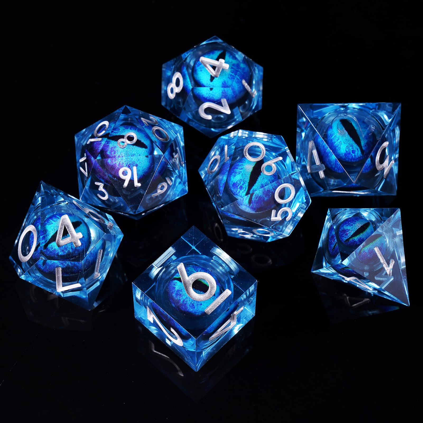 ORUZA 7 Stück Drachenauge Polyedrische Harz Spielwürfel DND Würfel Set D&D Würfel für Dungeons and Dragons RPG MTG Pathfinder Rollenspiel D4 D6 D8 D10 D% D12 D20 - 2