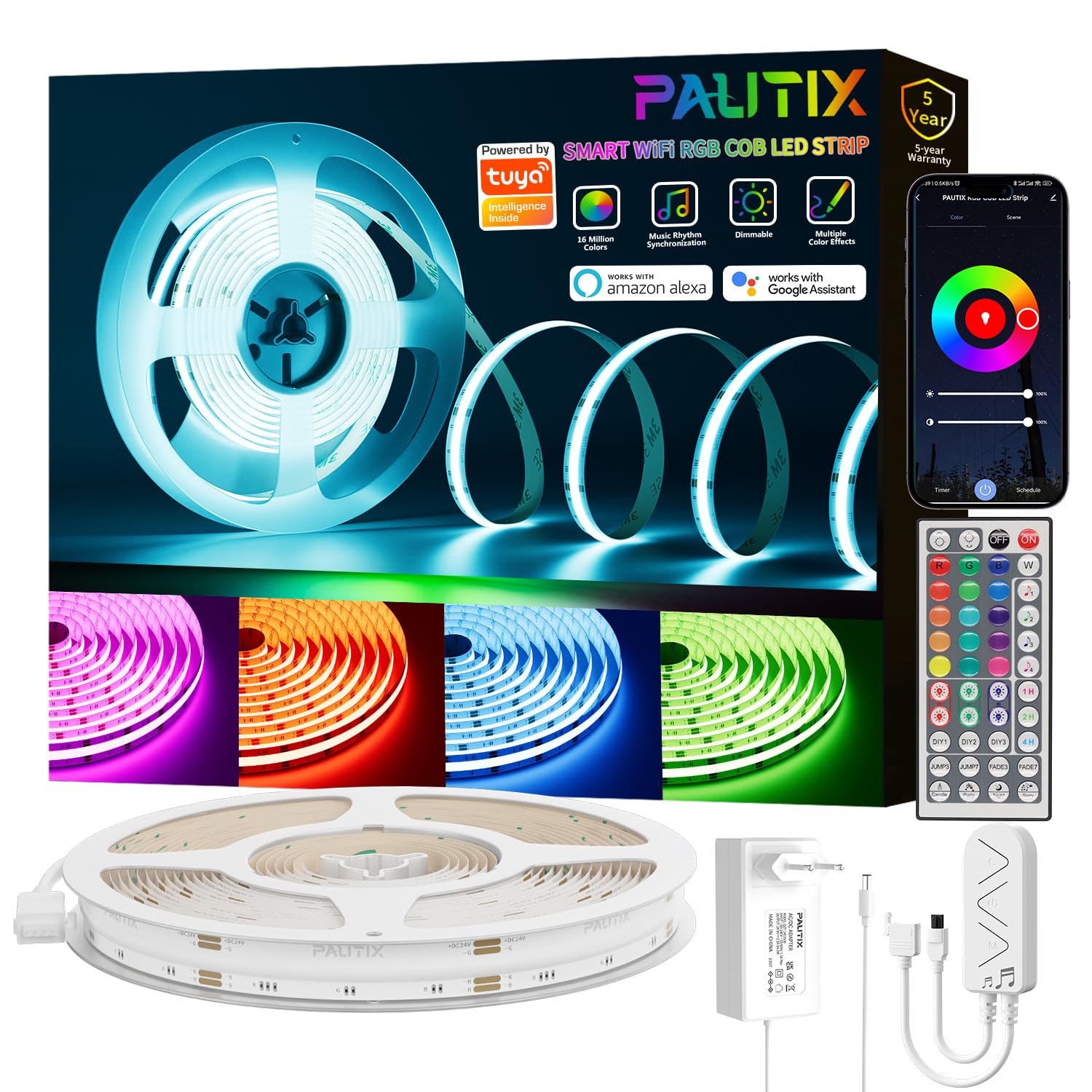 PAUTIX Striscia LED COB RGB 10m,24V Dimmerabile e Colorabile LED Strip Lights Compatibile con Alexa/Google Assistant,RGB LED Strisce con Telecomando,APP/Controllo Vocale per Bar,Feste e Progetti DIY