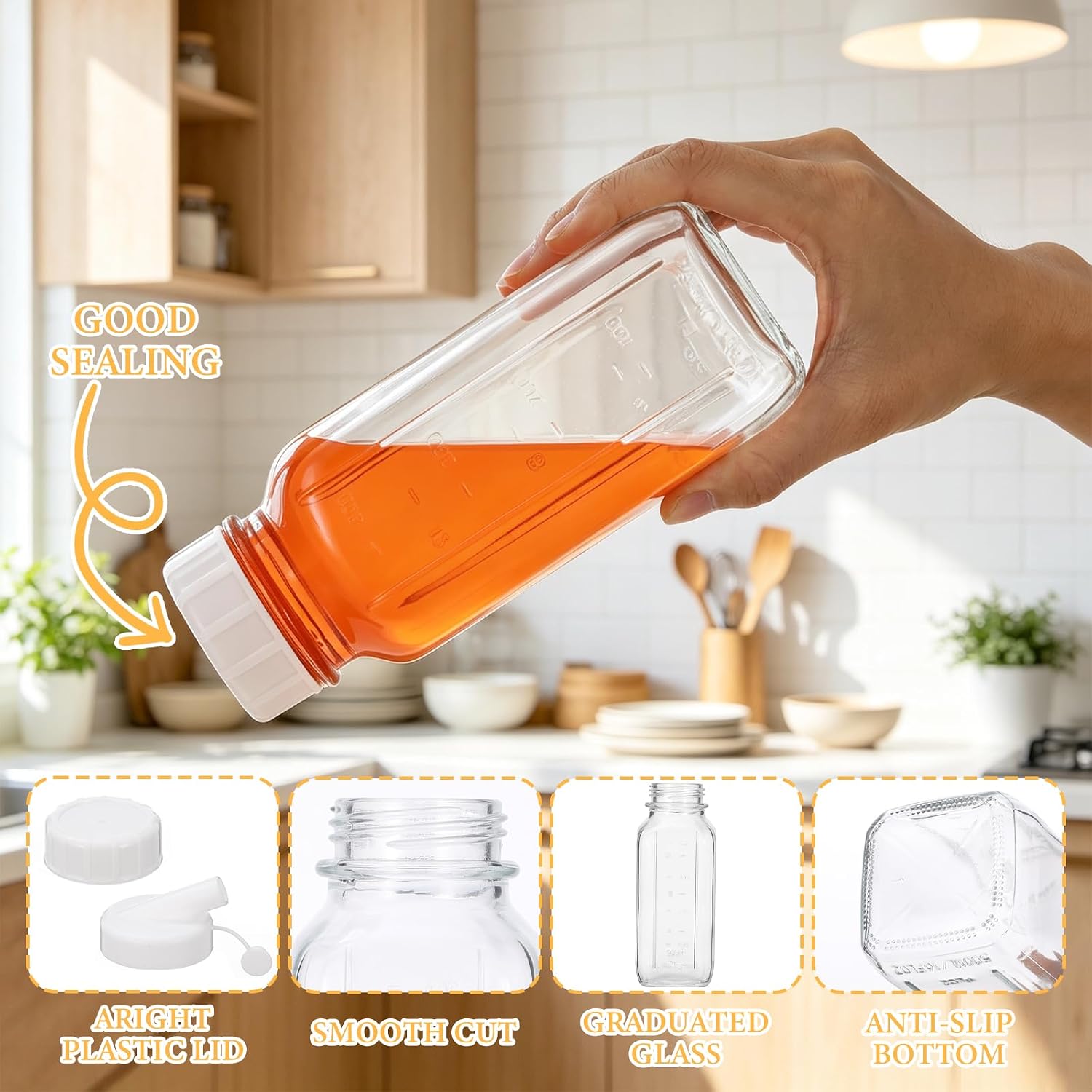4PC 16 OZ Salad Dressing Shaker Glass Dispenser with Silicone Pour Spout,Tamper-Proof Lid, Refillable Salad Dressing Dispenser Mixer Container, for Sauces Dressings Marinades Oils