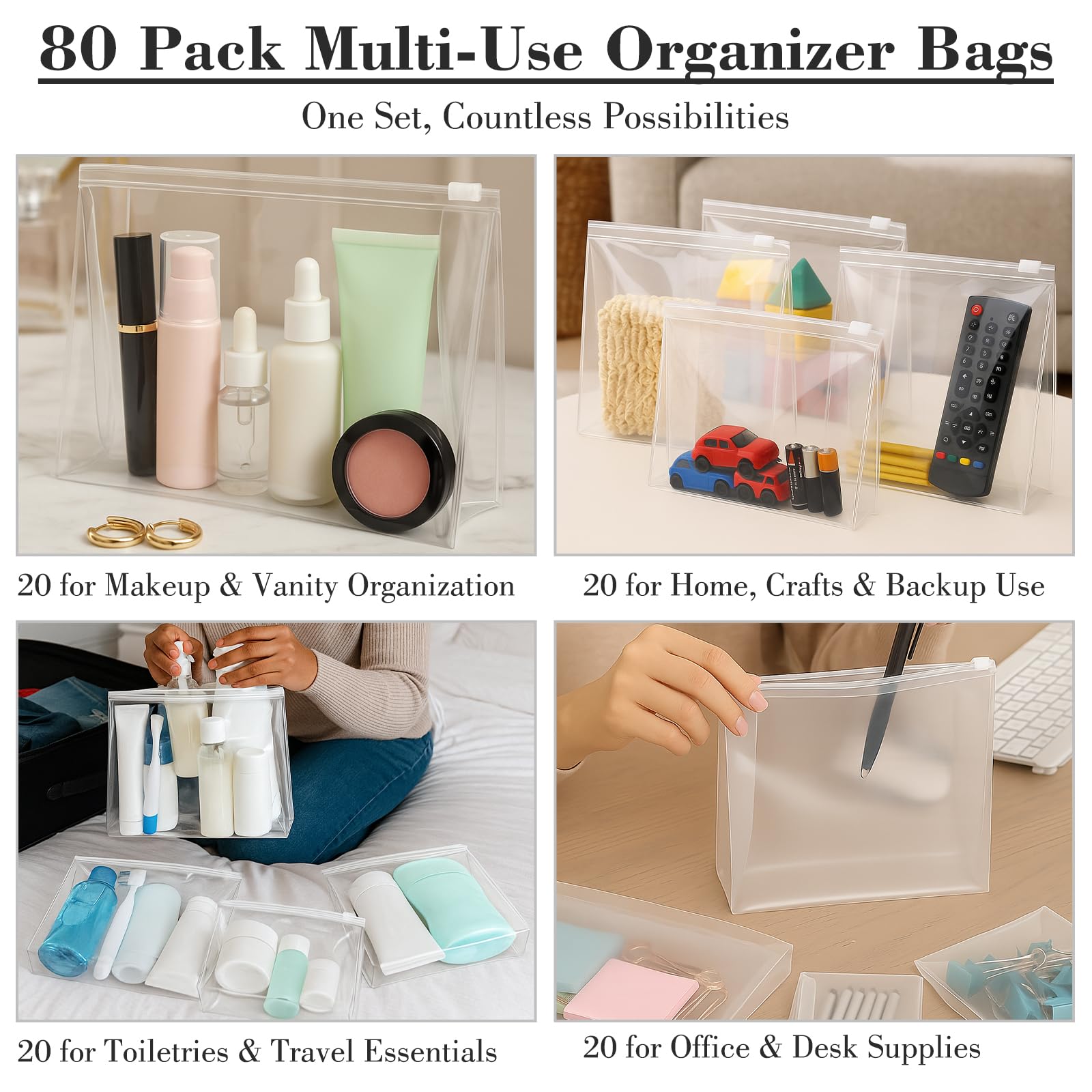 Circloophs Bolsa de maquillaje transparente, paquete de 80 bolsas de cosméticos grandes con cremallera, bolsas de viaje aprobadas por la TSA, bolsas de viaje a granel para artículos de tocador