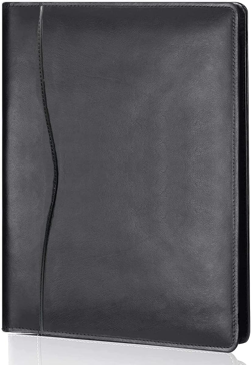Leather Portfolio Folder Padfolio, Business Padfolio Organizer Document Planner Portfolio Binder Storage Pocket for Legal Pad Holder Paperwork Phone Men Women (Black)