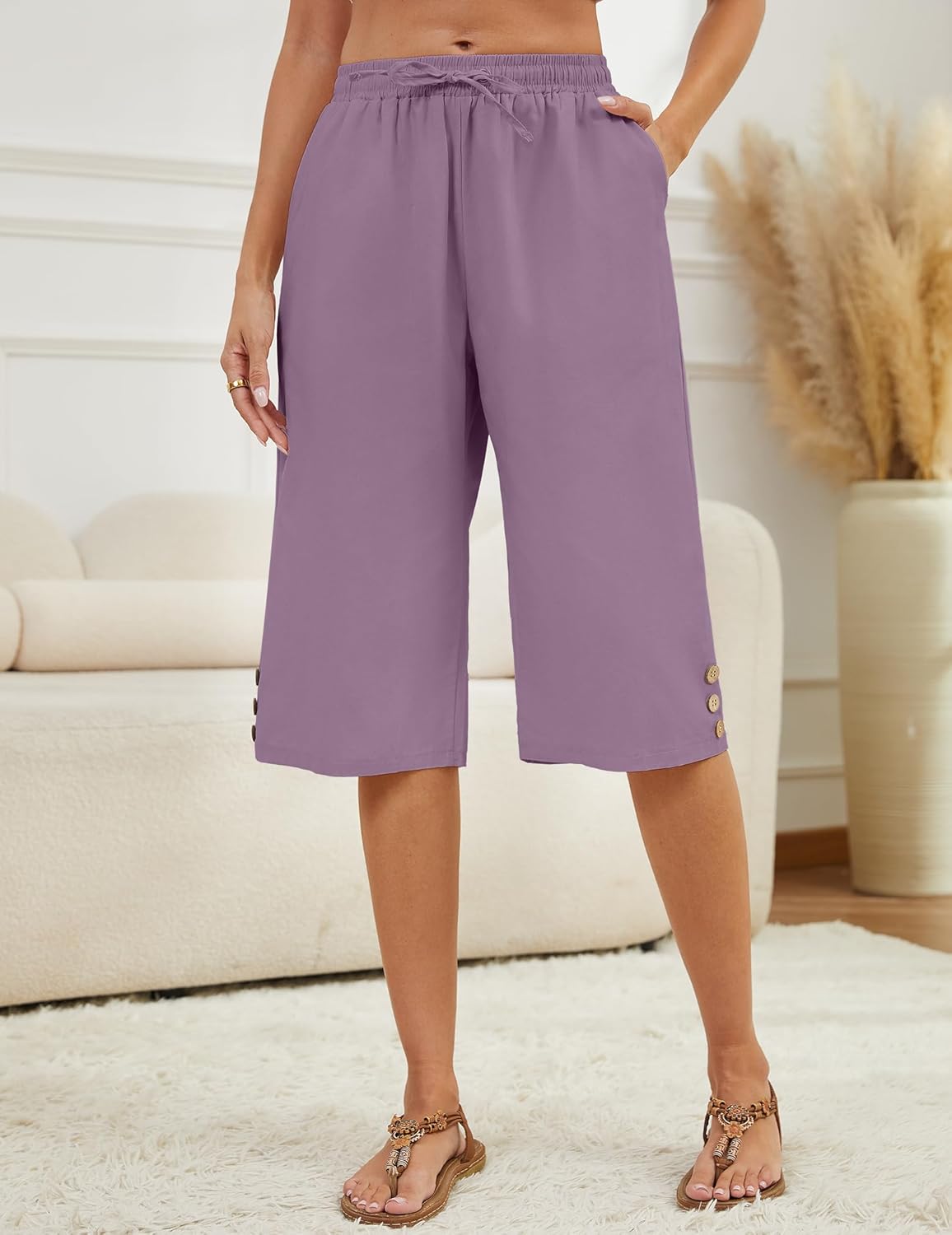 WROLEM Womens Capris Pants High Waist Drawstring Comfy Casual Pants Lightweight Trousers Buttons with Pockets