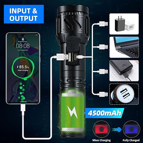 Miniatura 4 de DARKBEAM Linterna LED de alto lúmenes súper brillante recargable USB C, con 5 modos y potencia móvil de salida, enfoque ajustable, resistente al