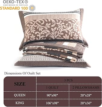 DDUOXIN Farmhouse Stripe Queen Quilt Set - 100% Cotton Quilts with 2 Pillow Shams, Botanical Bedspread Lightweight Comforter Bedding Sets for All Seasons, Brown/Beige, Queen(90 W x 98 L)