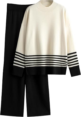 Womens 2 Piece Outfits Sweatsuit Knit Striped Pullover Top Wide Leg Pants Tracksuit Lounge Sets