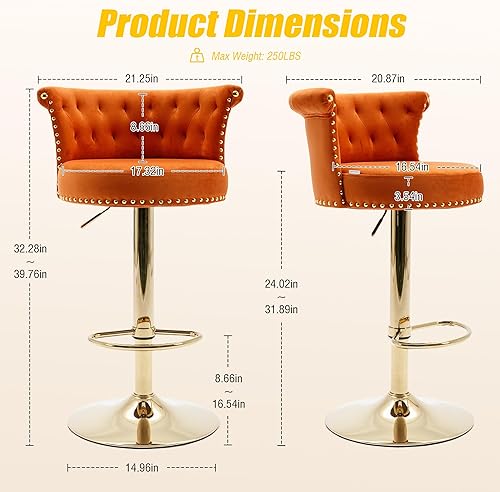Miniatura 2 de Juego de 2 taburetes de bar giratorios de terciopelo de 360, butacas ajustables para barra de cocina con respaldo de clavos, base dorada y