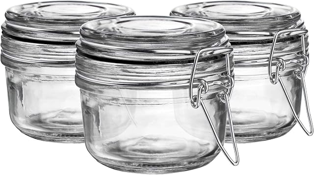 Argon Tableware 3x 125ml Clear Glass Storage Jars with Black Airtight Silicone Seal and Metal Clip Lids - 4.2oz Small Empty Kitchen Food Containers