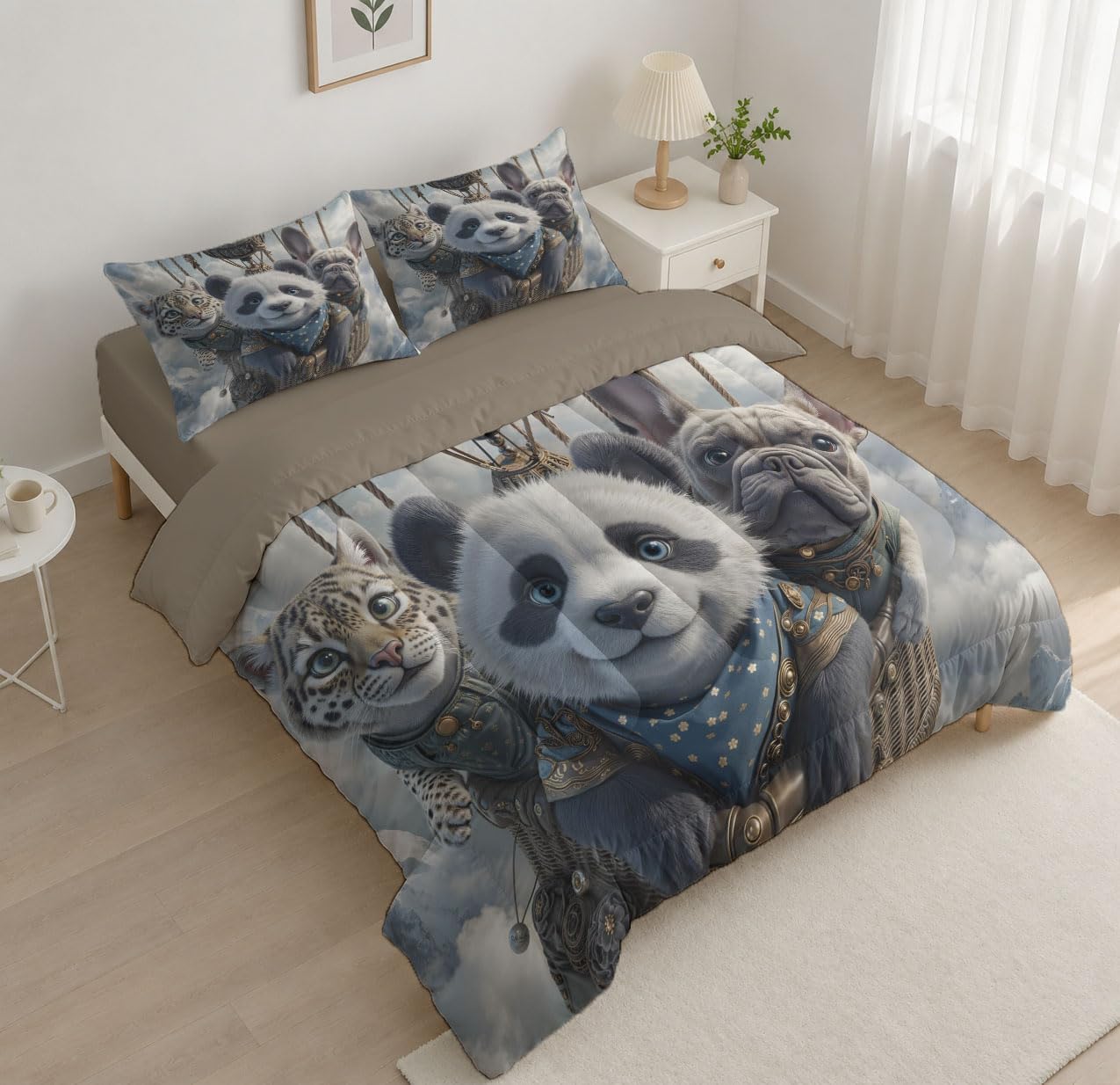 Children's Animals Quilt Set Twin 3 Pieces, Light Gray Quilts Bedding Set Panda Cat Hot Air Balloon Bedspread Bed Cover Lightweight Spring Summer Beds Coverlet for All Season - 68"X90"